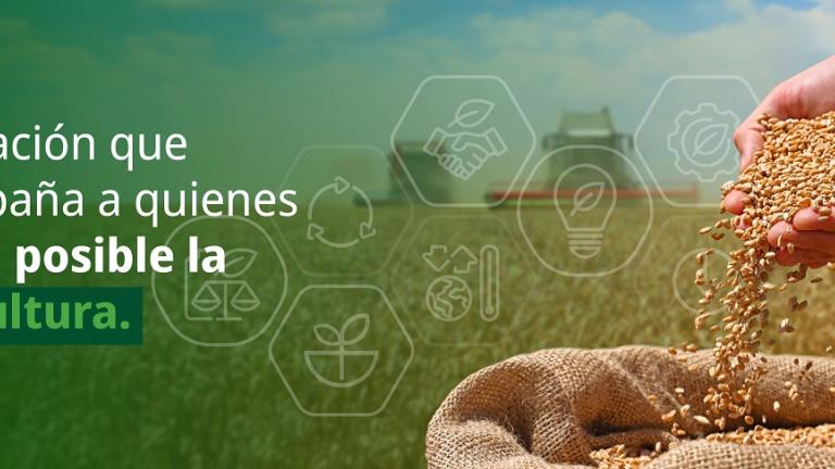 Manos sembrando semillas en tierra; texto sobre innovación agrícola.