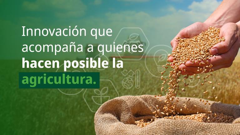 Manos vertiendo granos en un saco; texto sobre innovación agrícola.