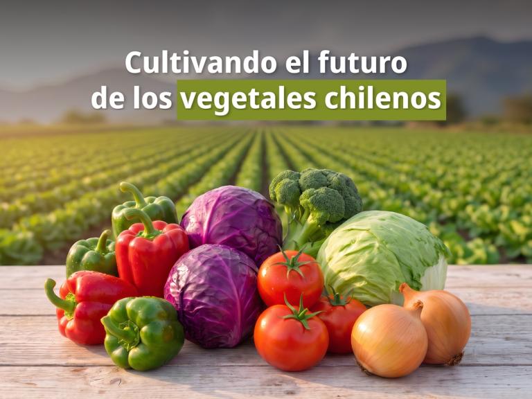 Verduras variadas sobre mesa de madera, con campo de cultivo al fondo