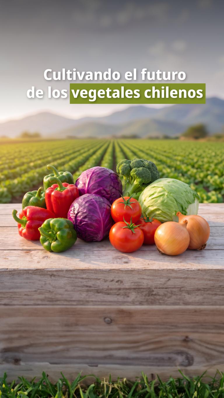 Variedad de hortalizas frescas sobre una mesa; texto “Cultivando el futuro...”
